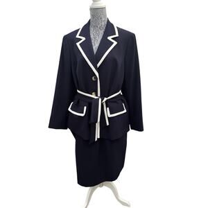 LE SUIT 2PC Navy White Polyester Skirt Suit Belt Womens Plus Size 18W Career
